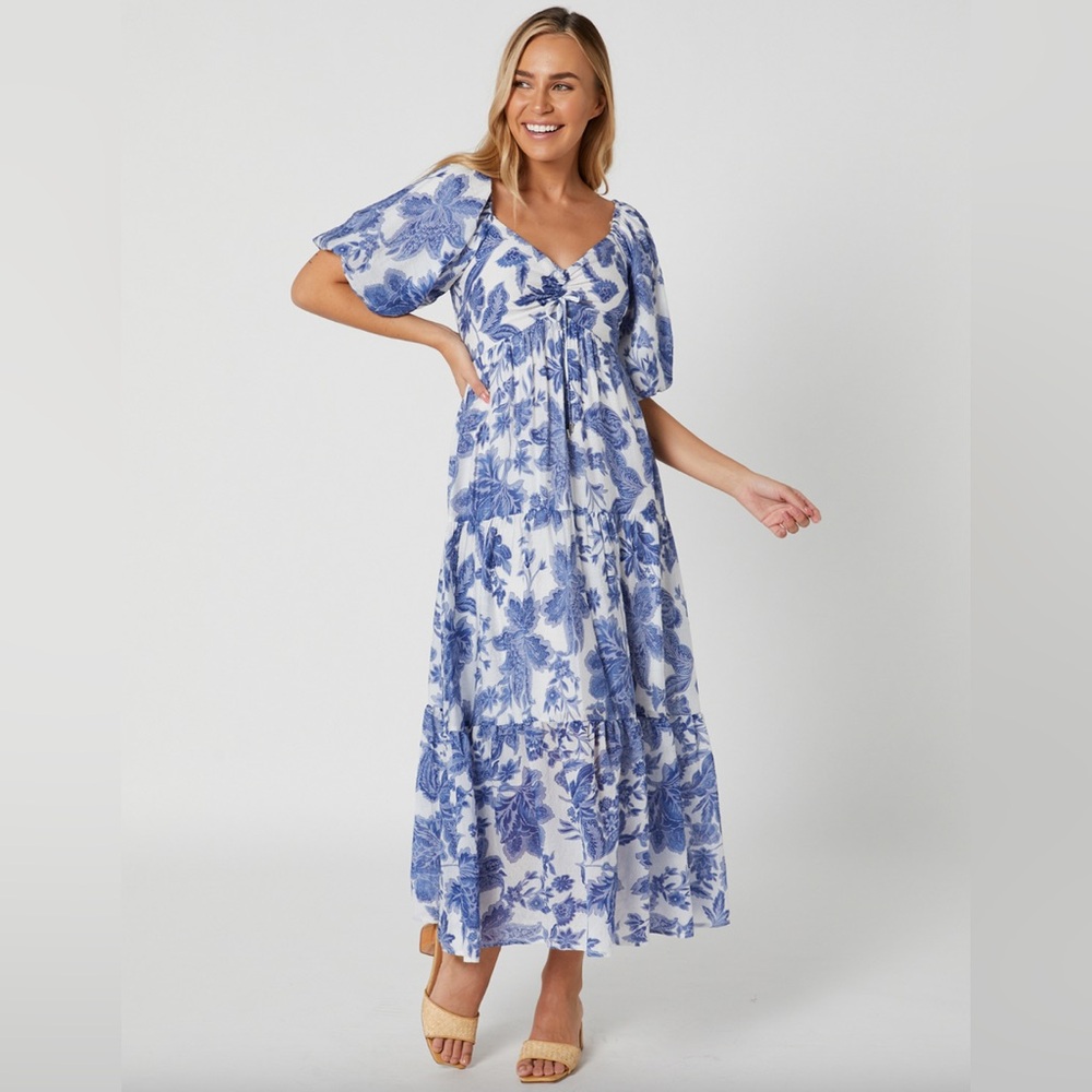 MINKPINK Blue and White Puff Sleeve Midi Sundress